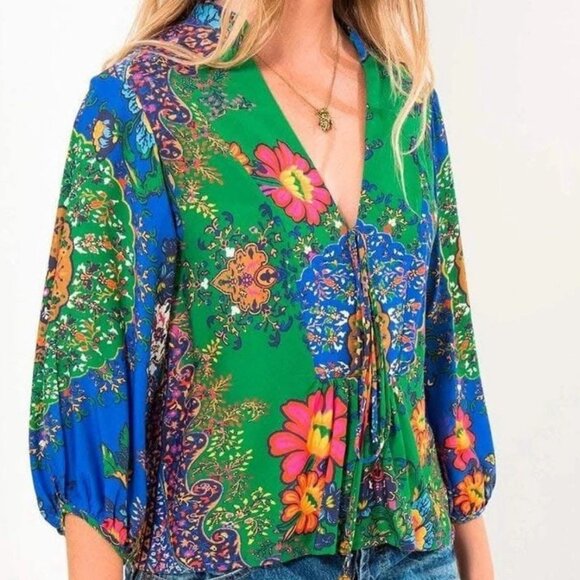 FARM Rio Tops - FARM RIO Green Tropical 100% Viscose Puff Sleeve Boho Blouse Sz S/P